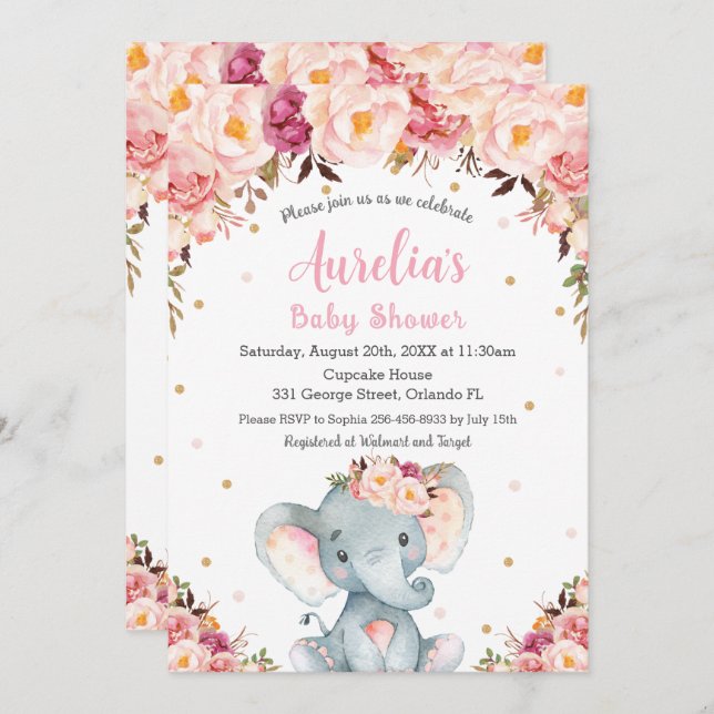 Blush Pink Niedlich Elephant Baby Shower Girl Einladung (Vorne/Hinten)