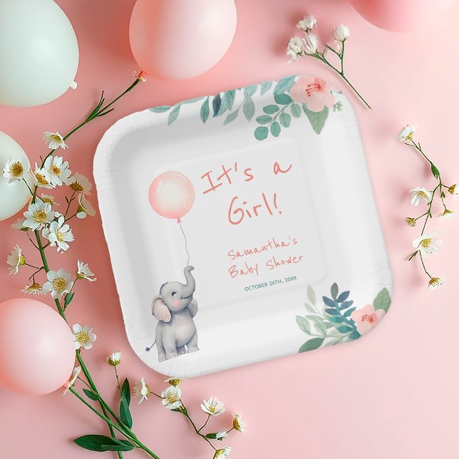 Blush Pink Niedlich Elephant Balloon Babydusche Pappteller (Von Creator hochgeladen)