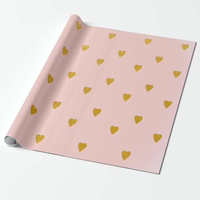 Blush Pink & Niedlich Gold Hearts Geburtstagsparty Geschenkpapier (Ungerollt)