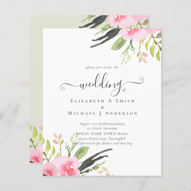 Blush Pink Olive Quality Budget Hochzeit Einladung (Vorne/Hinten)