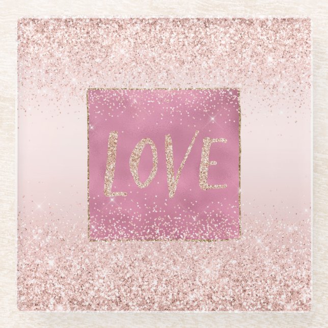 Blush Pink Ombre Glitzy Glitzer Sparkle Liebe Glasuntersetzer (Vorderseite)