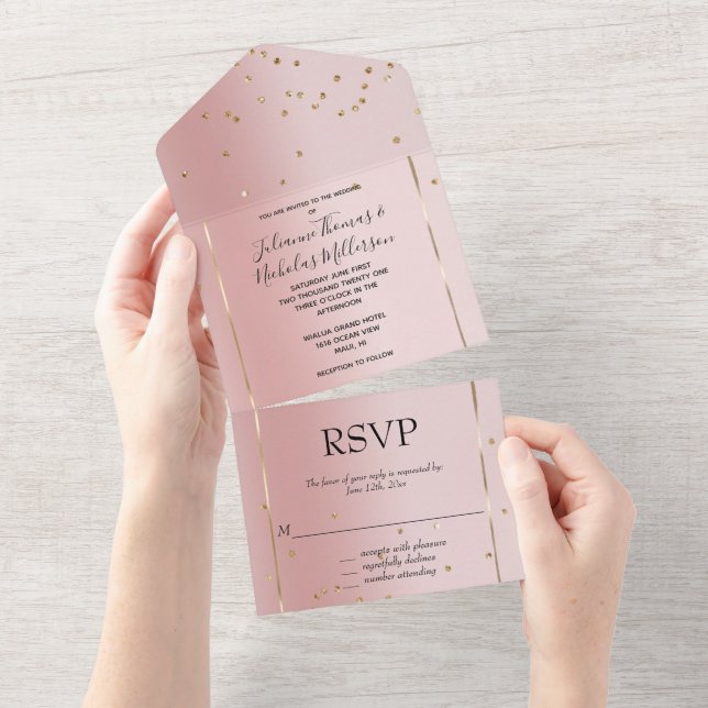 Blush Pink Ombre Gold Glam Confetti Wedding All In One Einladung (Abreißen)