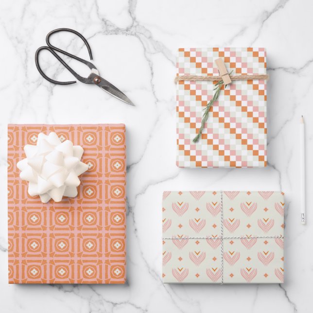 Blush Pink & Orange 3 Set Blumenpapier Geschenkpapier Set (Vorderseite)