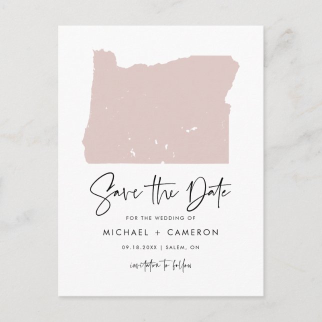 Blush Pink Oregon Karte Modern Script Save the Dat (Vorderseite)