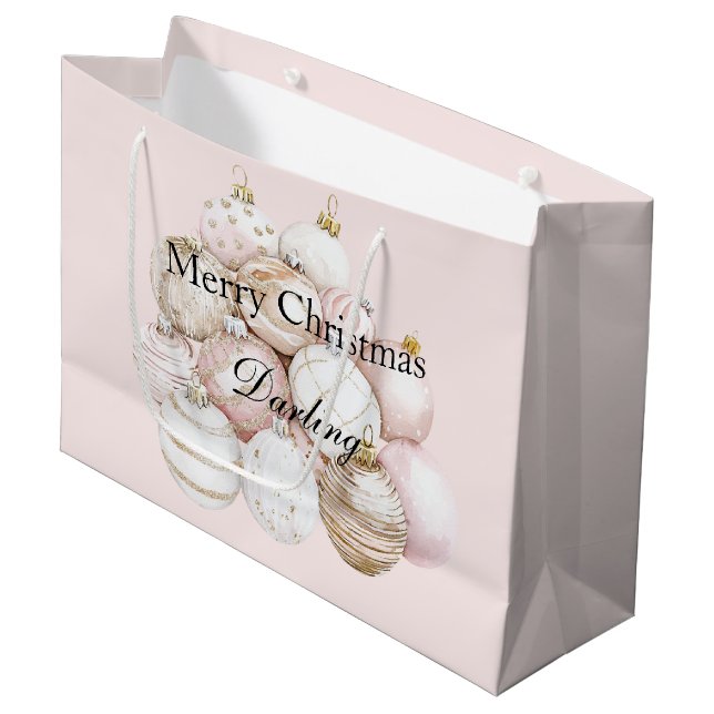 Blush Pink Ornamente Weihnachten Große Geschenktüte (Vorderseite Schrägansicht)