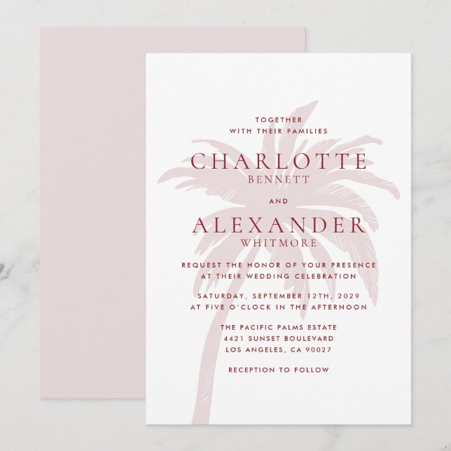 Blush Pink Palm Tree mit Red Typografy Wedding Einladung (Vorne/Hinten)
