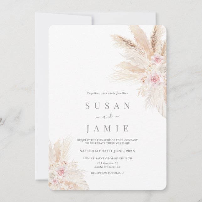 Blush Pink Pampas Boho Hochzeitseinladung Einladung (Vorderseite)