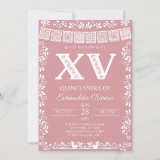 Blush Pink Papel Picado Quinceañera XV Birthday Einladung