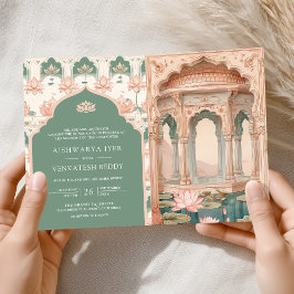 Blush Pink Pastel Green Lotus Pond Indian Wedding Einladung