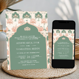 Blush Pink Pastel Green Lotus Pond Indische Hochze Einladung