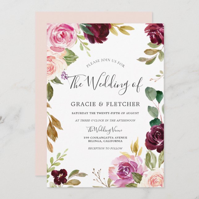 Blush Pink Peach Burgundy Blumenzeremonie Einladung (Vorne/Hinten)