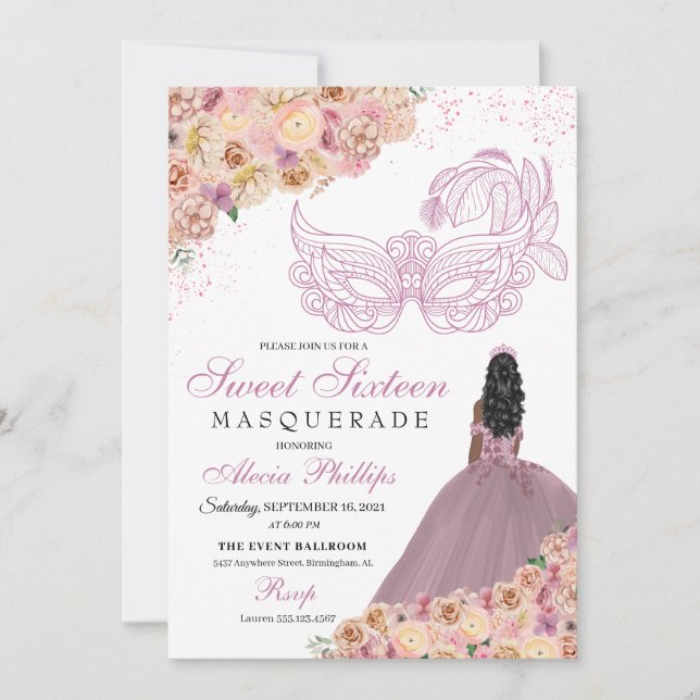 Blush Pink Peach Floral Masquera Geburtstag Einladung (Vorderseite)