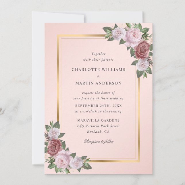 Blush Pink Peach Gold Floral Wedding Einladung (Vorderseite)