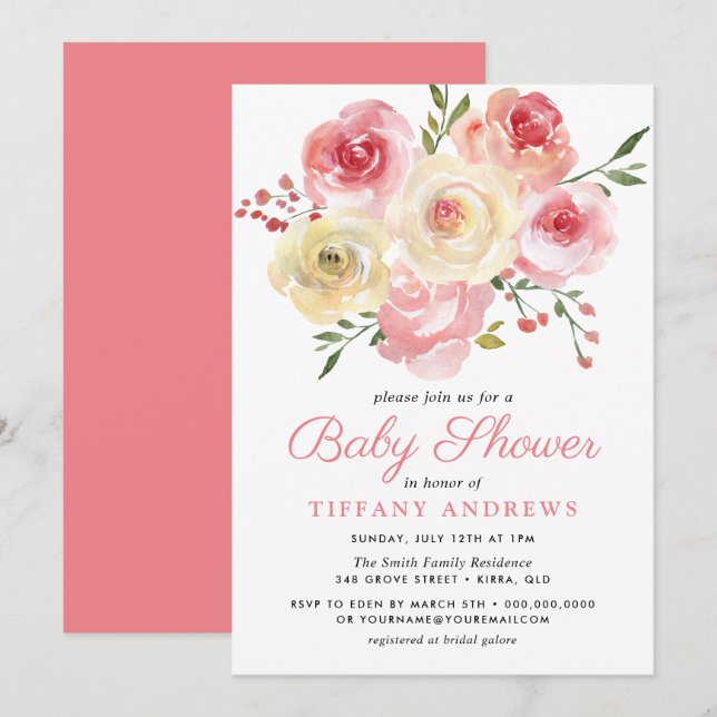 Blush Pink Peach Wassercolor Bloral Baby Dusche Einladung (Vorne/Hinten)