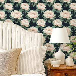Blush Pink Peongs auf Navy Blue Floral Tapete