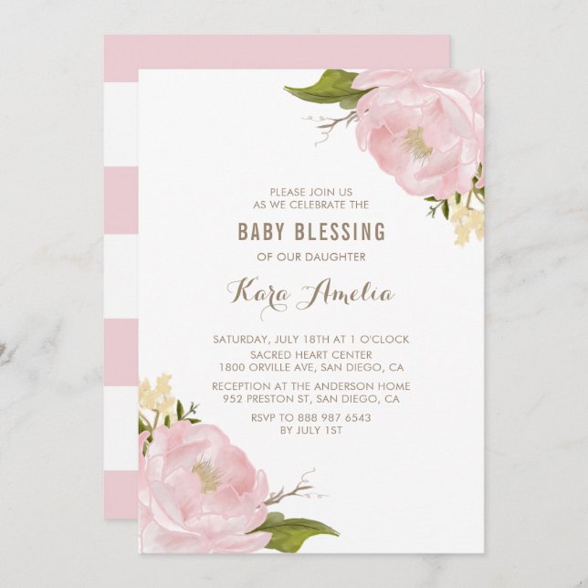 Blush Pink Peonies Baby Girl Segen Einladung (Vorne/Hinten)