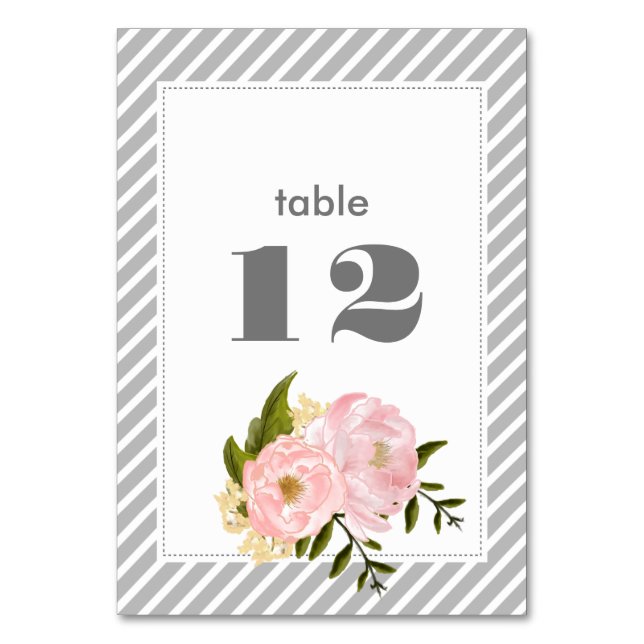 Blush Pink Peonies | Graue Streifenpfeife Tischnummer (Vorderseite)