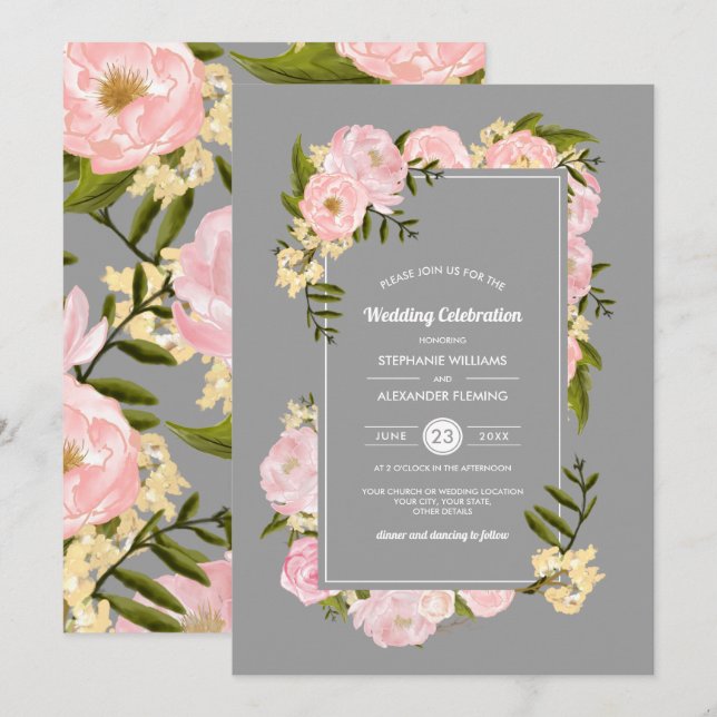Blush Pink Peonies Gray Watercolor Wedding Einladung (Vorne/Hinten)