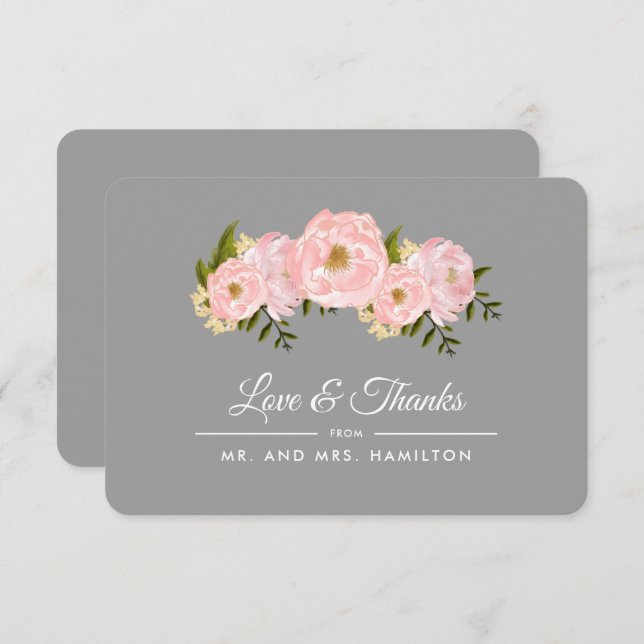 Blush Pink Peonies Gray Wedding Danke Karte (Vorne/Hinten)