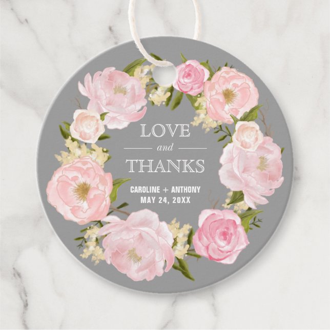 Blush Pink Peonies Gray Wedding Vielen Dank Geschenkanhänger (Vorderseite)