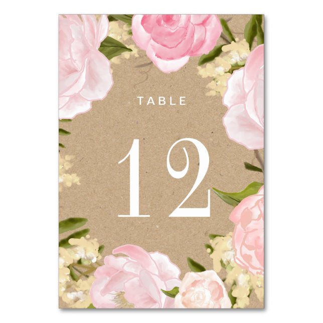 Blush Pink Peonies Kraft Papier Hochzeit Tischnummer (Vorderseite)