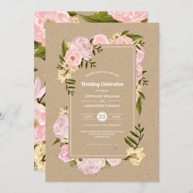 Blush Pink Peonies Kraft Papier Rustikale Hochzeit Einladung (Vorne/Hinten)