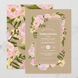 Blush Pink Peonies Kraft Papier Rustikale Hochzeit Einladung