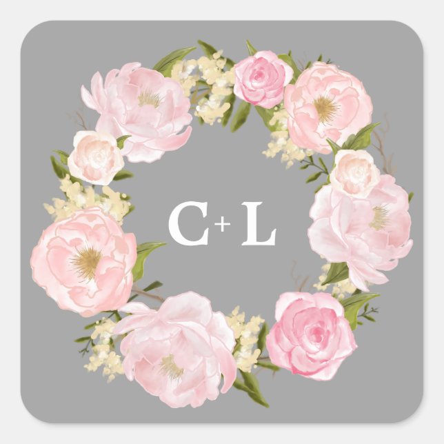 Blush Pink Peonies Monogram Wedding Quadratischer Aufkleber (Vorderseite)