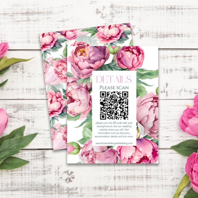 Blush Pink Peonies QR CODE Hochzeitsdetails Begleitkarte (Von Creator hochgeladen)