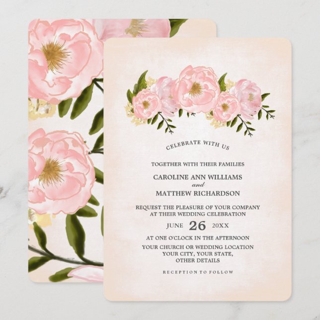 Blush Pink Peonies Watercolor Wedding Einladung (Vorne/Hinten)