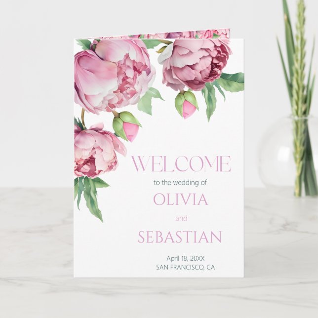 Blush Pink Peonies Watercolor Wedding Programm (Vorderseite)