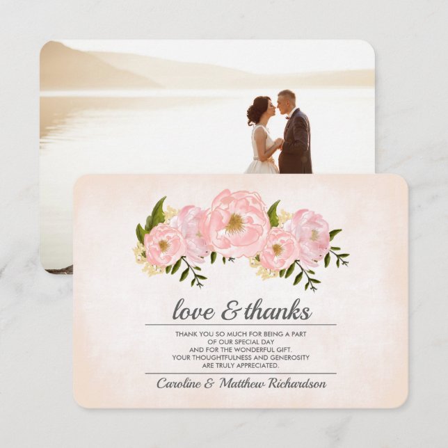 Blush Pink Peonies Wedding Danke Foto Card (Vorne/Hinten)