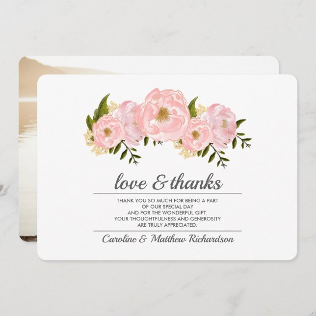 Blush Pink Peonies Wedding Danke Foto Card (Vorne/Hinten)