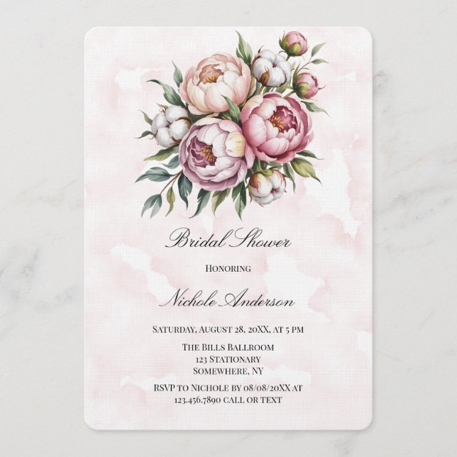 Blush Pink Peony and Cotton Bridal Shower  Einladung (Vorderseite)