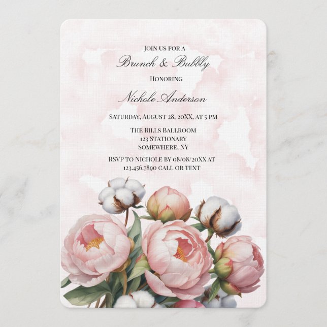 Blush Pink Peony and Cotton Brunch & Bubbly Einladung (Vorderseite)