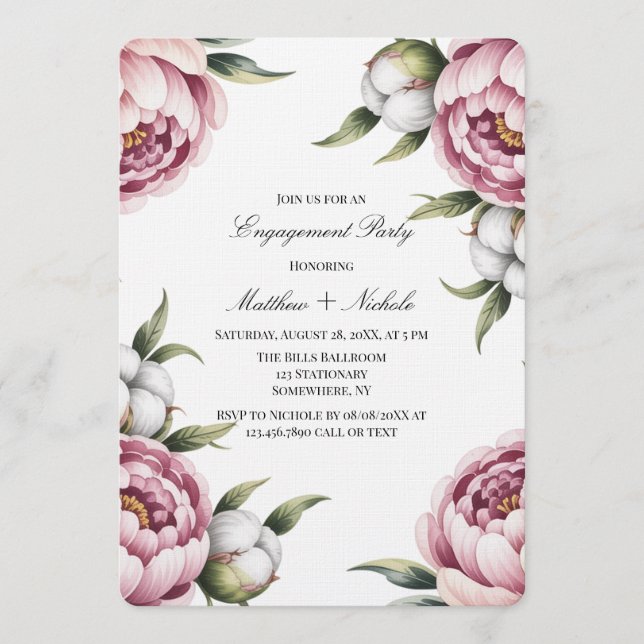 Blush Pink Peony and Cotton Engagement Party Einladung (Vorderseite)