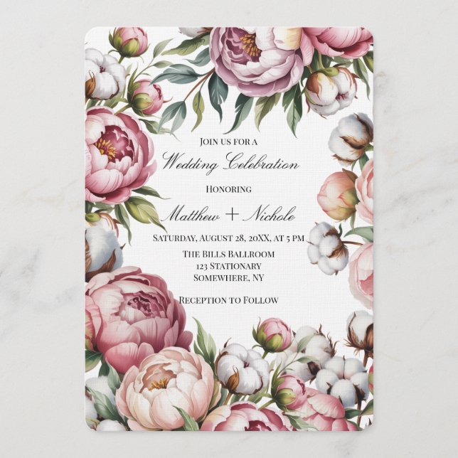 Blush Pink Peony and Cotton Wedding Celebration Einladung (Vorderseite)