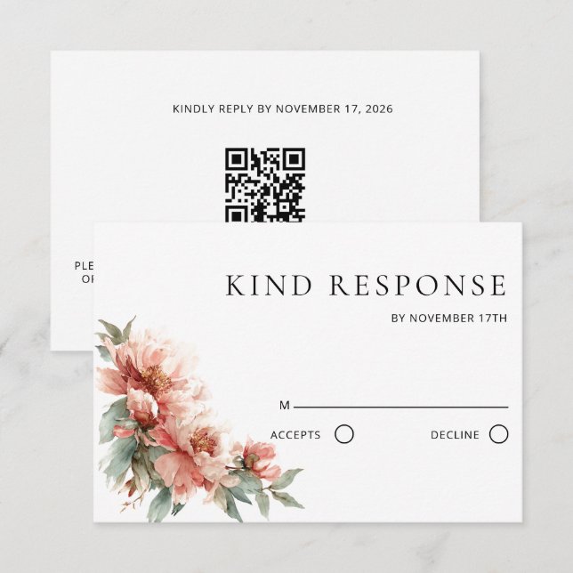 Blush Pink Peony Coral Red QR Code Wedding  RSVP Karte (Vorne/Hinten)