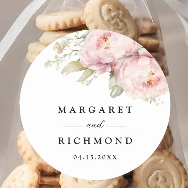 Blush Pink Peony Elegantes Wasserfarbenpräch Hochz Runder Aufkleber (Von Creator hochgeladen)