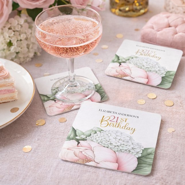 Blush Pink Peony Floral 21st Birthday  Rechteckiger Pappuntersetzer (Von Creator hochgeladen)
