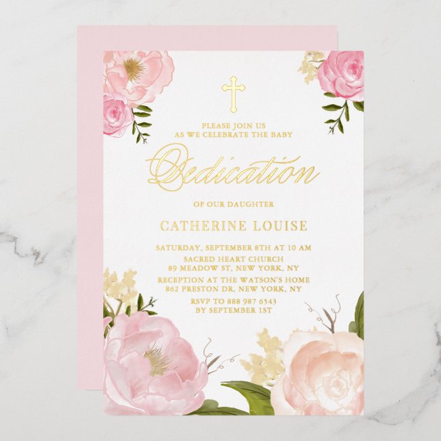 Blush Pink Peony Floral Baby Dedication Folieneinladung (Vorderseite/Rückseite)