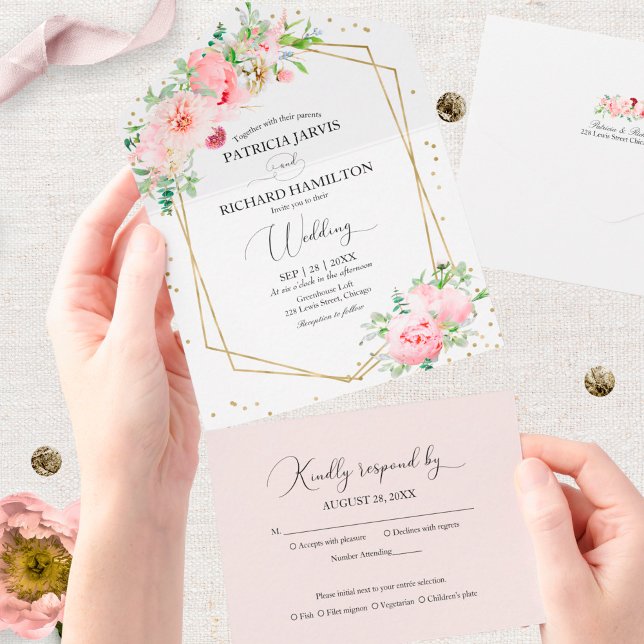 Blush Pink Peony Floral Geometric Wedding All In One Einladung (Von Creator hochgeladen)