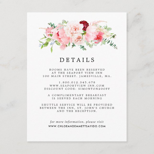 Blush Pink Peony Floral Wedding Details Begleitkarte (Vorderseite)