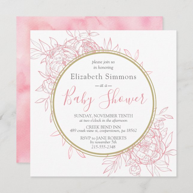 Blush Pink Peony Modern Floral Toile Baby Dusche Einladung (Vorne/Hinten)