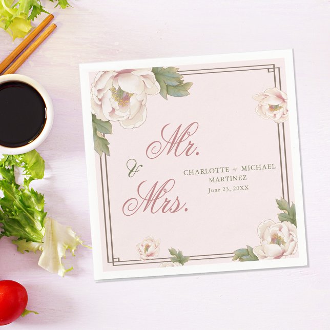 Blush Pink Peony Rose Floral Wedding Mr. and Mrs. Serviette (Von Creator hochgeladen)