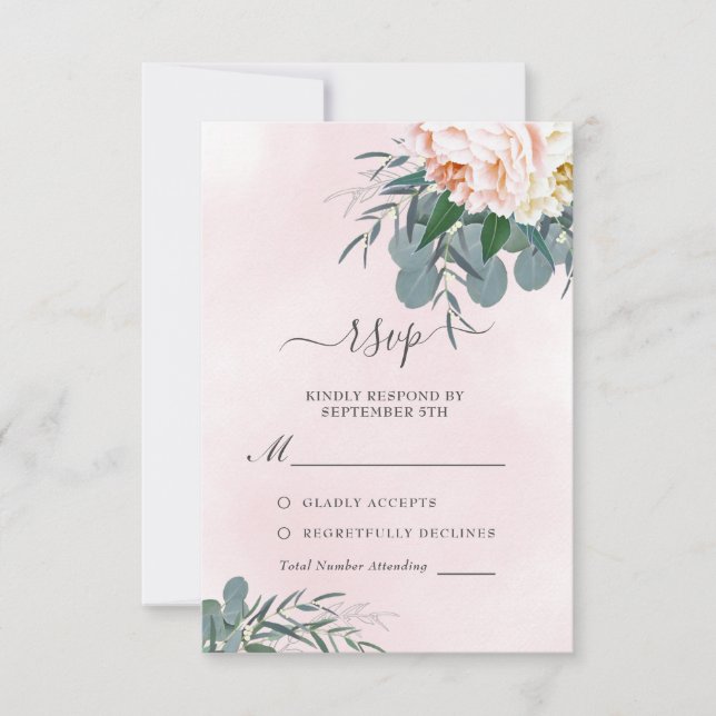 Blush Pink Peony Watercolor Eukalyptus Wedding RSVP Karte (Vorderseite)
