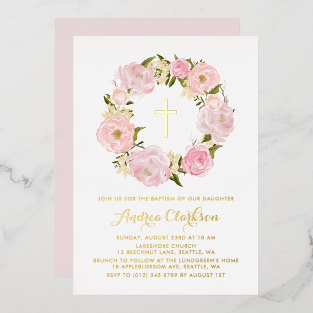 Blush Pink Peony Wreath Floral Baby Girl Taufe Folieneinladung (Vorderseite/Rückseite)