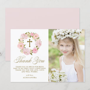 Blush Pink Peony Wreath Gold Erste Heilige Kommune Dankeskarte