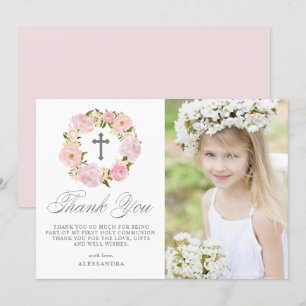 Blush Pink Peony Wreath Gray Erste Heilige Kommune Dankeskarte