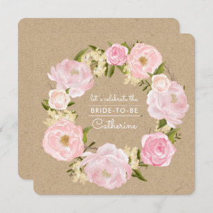 Blush Pink Peony Wreath Kraft Paper Brautparty Einladung